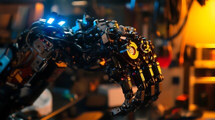 A close-up view of a robotic hand with luminous LED lights, showcasing intricate mechanics and technology in a dimly lit workshop