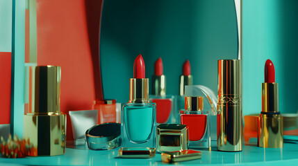 artistic arrangement of beauty products on vanity, featuring lipsticks, nail polish, and mirrors in vibrant setting. colorful display creates luxurious and elegant atmosphere