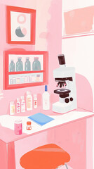 2D illustration of modern laboratory scene featuring microscope, colorful bottles, and clean workspace. pastel colors create calm and inviting atmosphere