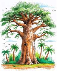 baobab tree child like drawing on a white background crayon art whimsical youthful hand drawn cartoon