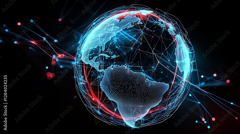Poster abstract globe with blue and red data stream on black background