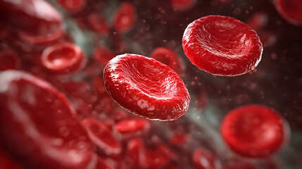 Close up of red blood cells traveling through narrow vessel, showcasing their smooth, disc like shape and vibrant red color. image highlights essential role of these cells in oxygen transport