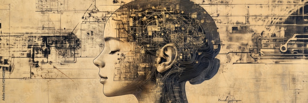 Aufkleber Human head outline filled with schematic images representing artificial intelligence mechanisms and concepts. Generative AI
