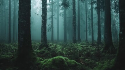 Obraz premium Dense mist envelops a tranquil forest filled with towering trees and lush green moss on the ground during a serene morning