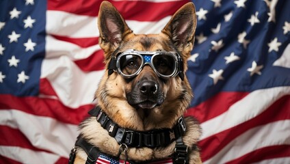 Fierce German Shepherd Against American Flag, Ready for 4th july