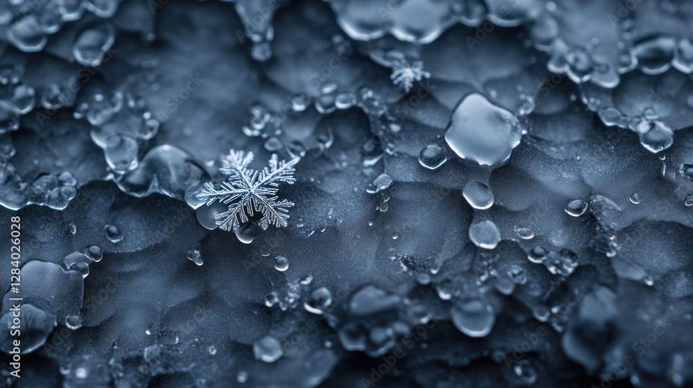 Poster captivating details of a snowflake resting on a dark textured surface. surrounding water droplets en