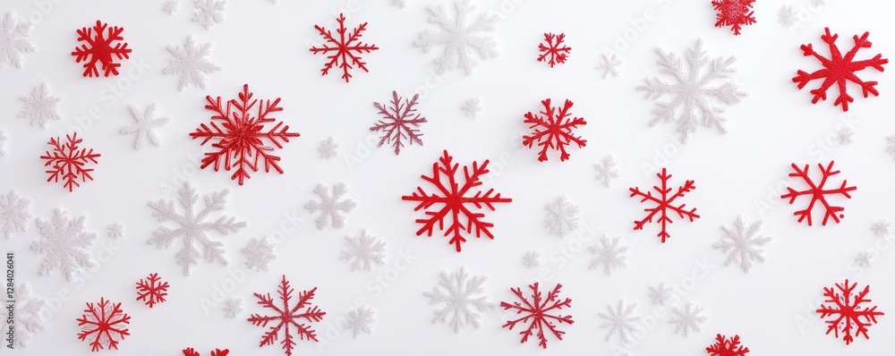 Poster this decorative background features an array of intricately designed snowflakes in red and white ton
