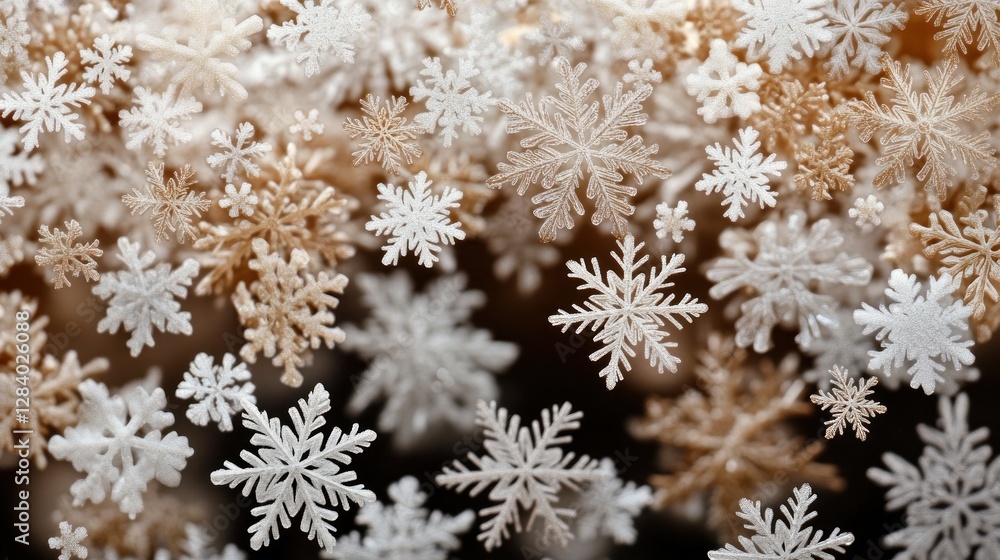 Poster delicate snowflakes appear in various sizes and shapes against a soft backdrop providing a tranquil 