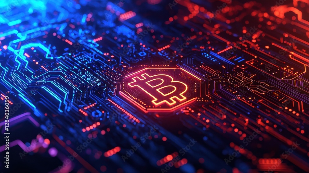 Poster digital blockchain network with bitcoin symbol in neon colors