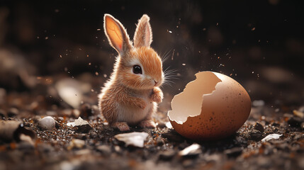 A cute, little rabbit is hatching from an egg, photorealistic, cinematic, with a dark brown background, warm lighting, a broken shell on the ground, and high detail