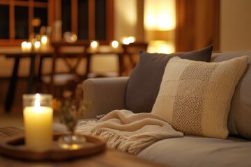 Warm Comfortable Room Decorated With Candle Light And Blankets