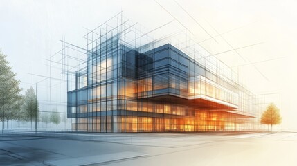 Obraz premium Create a sketch of architectural facade construction plans with machinery