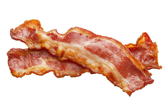 Crispy delicious pork bacon slices close up isolated on transparent PNG background.