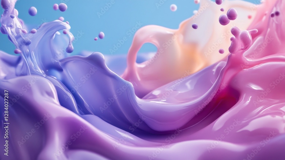 Poster colorful splashes of purple and pink liquid intertwine forming an artistic texture against a soft bl