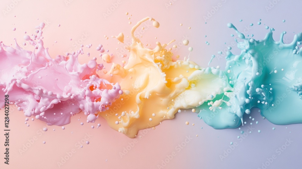 Poster fluid splashes in pastel colors of pink yellow and teal create an eye-catching backdrop. the harmoni