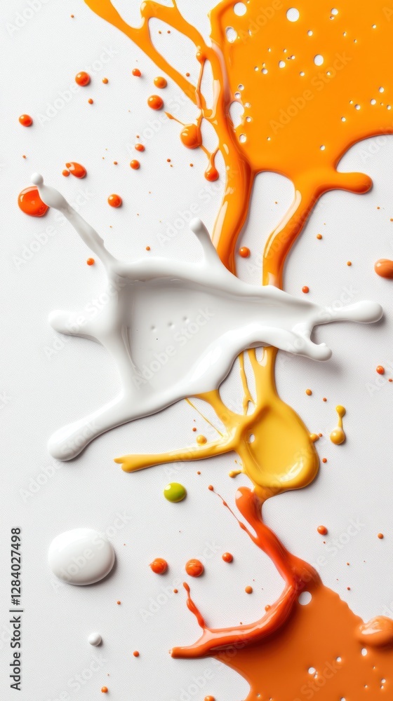 Poster colorful splashes of paint in orange yellow and white create a lively texture against a clean backdr