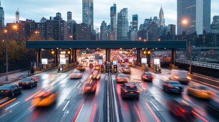 Toll booth on a busy urban bridge with heavy traffic. Featuring fast-paced city life and commuter traffic