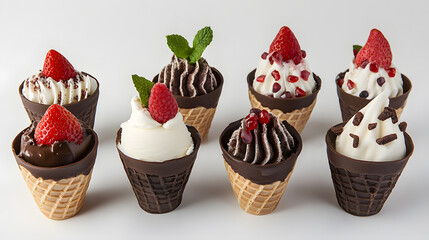 delightful assortment of ice cream cones topped with fresh strawberries, raspberries, and chocolate shavings, presented chocolate dipped waffle cones. creamy textures and vibrant toppings create