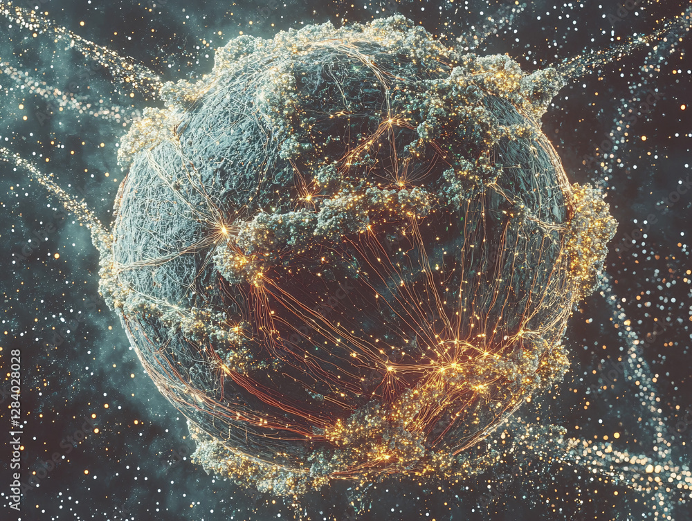 Poster a highly detailed futuristic planet covered in glowing golden data lines symbolizing digital connect