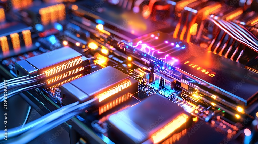 Poster close up of a complex circuit board with glowing components and metallic details