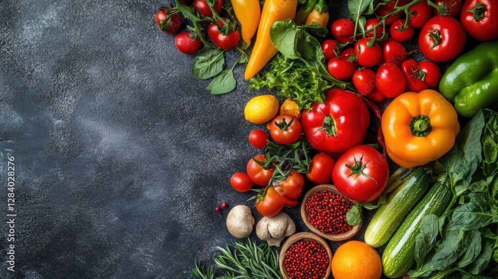 Aufkleber Fresh vegetables and herbs arranged on a dark surface showcasing vibrant colors and textures. Generative AI