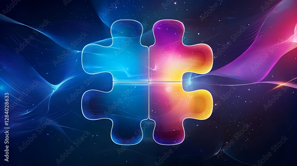 Poster connected puzzle pieces on abstract wavy background with glowing lines and dots