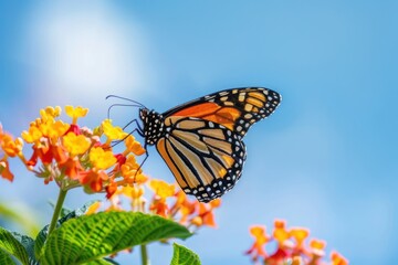 Fototapeta premium Spring summer monarch butterfly on orange lantana flower against blue sky on bright sunny day in nature, macro morning.