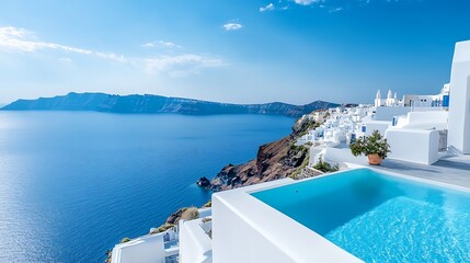Obraz premium Luxury Villa with Pool Overlooking Santorini Caldera and Aegean Sea