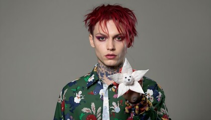 Red-Haired Fashionista with Colorful Shirt and White Flower with