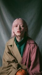 Portrait of a Young Woman with Pink Hair and Green Turtleneck