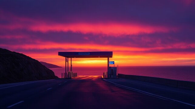 Toll booth on a coastal highway during a vibrant sunset. Featuring warm sunset tones and ocean views