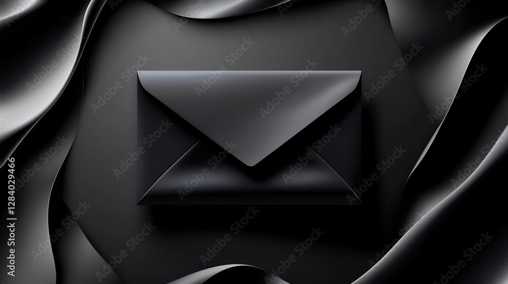 Poster formal black envelope on dark textured background with soft fabric draping