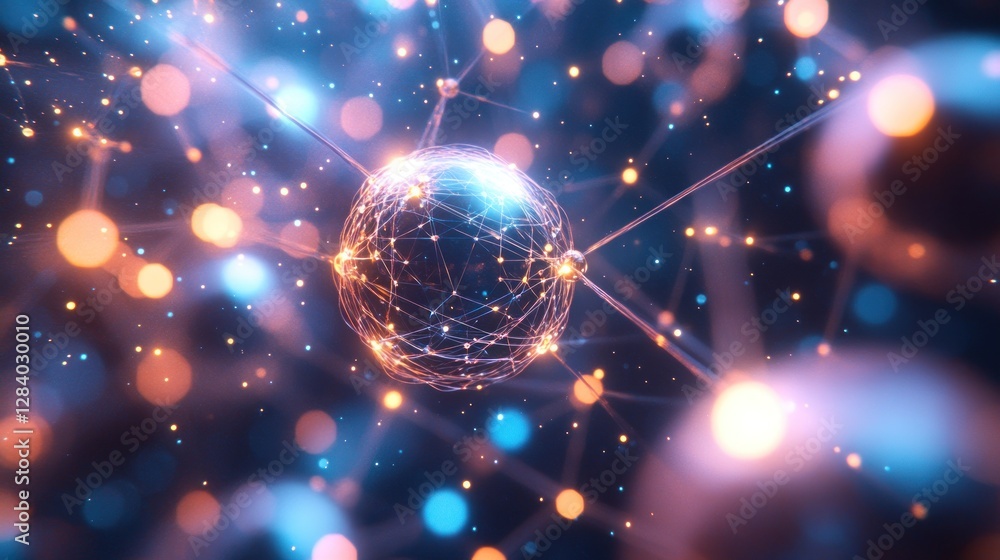 Poster networked sphere in space, glowing particles, abstract background. possible use scientific visualiza