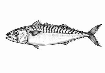 Detailed Black and White Mackerel Fish Illustration: Intricate Line Work, Realistic Texture, Scratch Board Style, Isolated on White