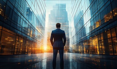 Obraz premium Back of businessman in suit with business office glass modern buildings background for financial freedom portfolio or company profit and strategy growth IPO poster,