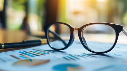 Close-up of high-end glasses on a table with an investor checking financial reports