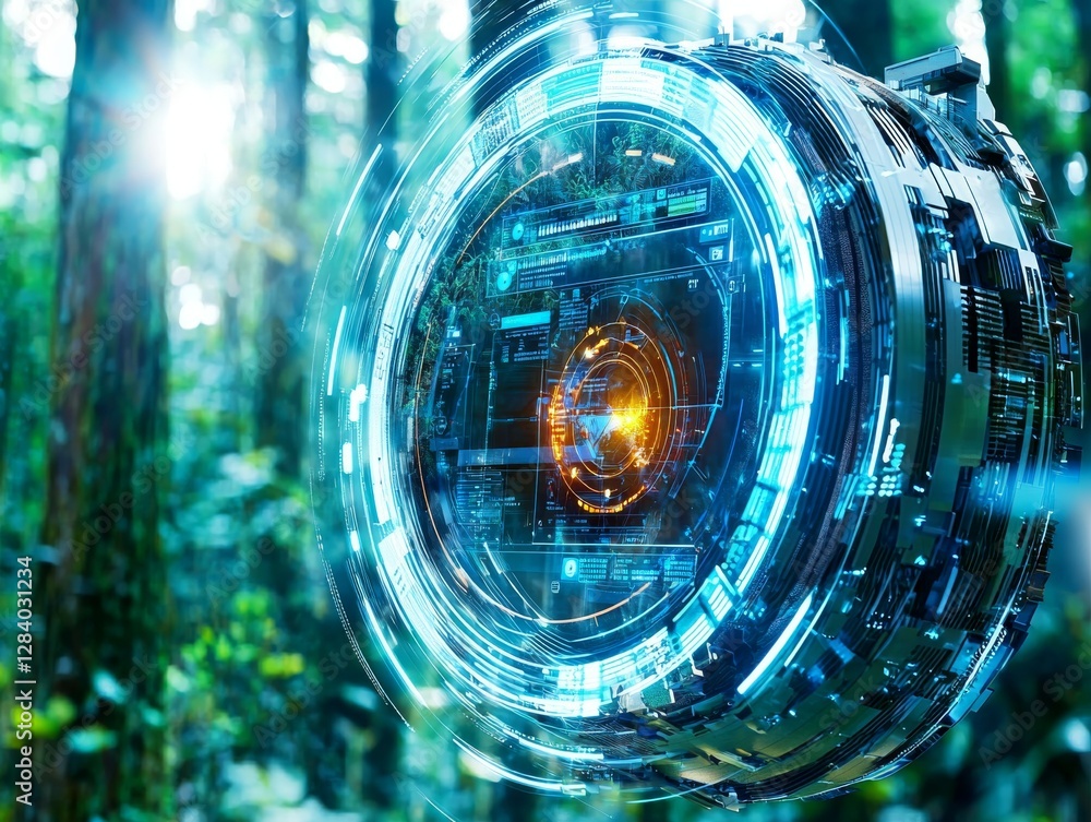 Poster futuristic holographic interface displaying data lush forest digital art nature eye-level technologi