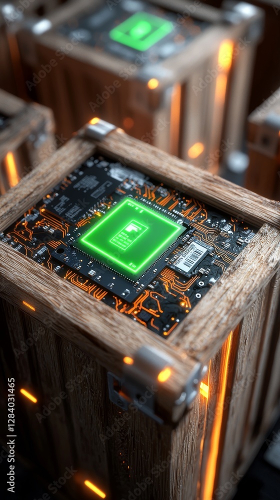 Poster futuristic technology showcase digital lab circuit board innovative environment close-up view illumi