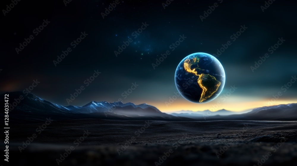 Sticker planet is floating in space above a mountain range