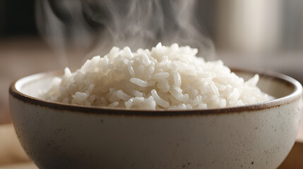 Steaming white rice served in a rustic bowl, a simple and comforting dish ready to enjoy.