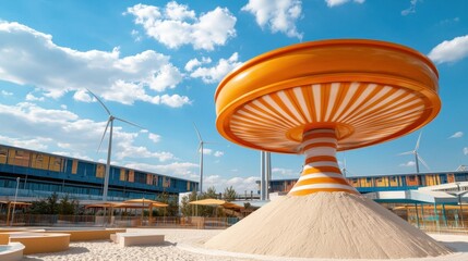 Eco-friendly Playground Concept, Whimsical Spinning Ride Powered by Wind Turbines in Outdoor Play Area