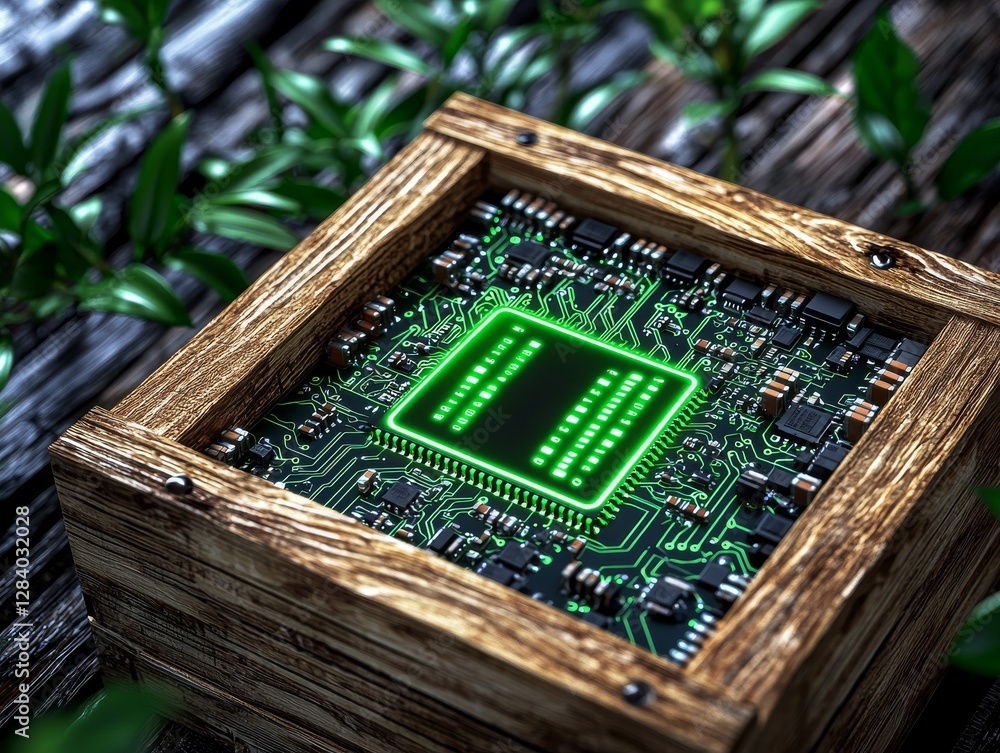 Poster illuminated green microchip circuit b technology lab digital artwork indoor environment close-up vie