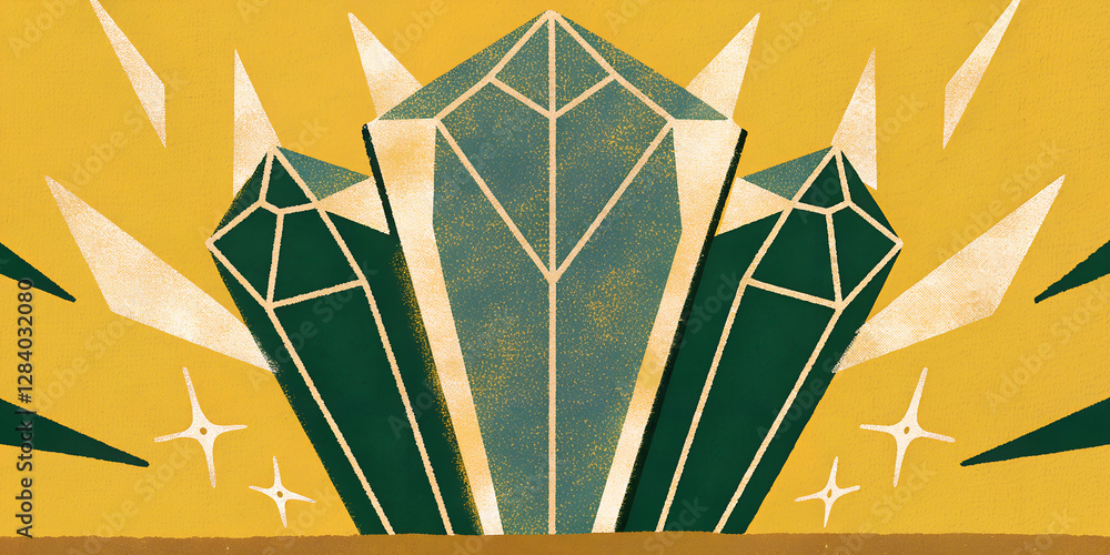 Poster geometric crystal illustration with angular shapes vibrant abstract design in yellow and green tones