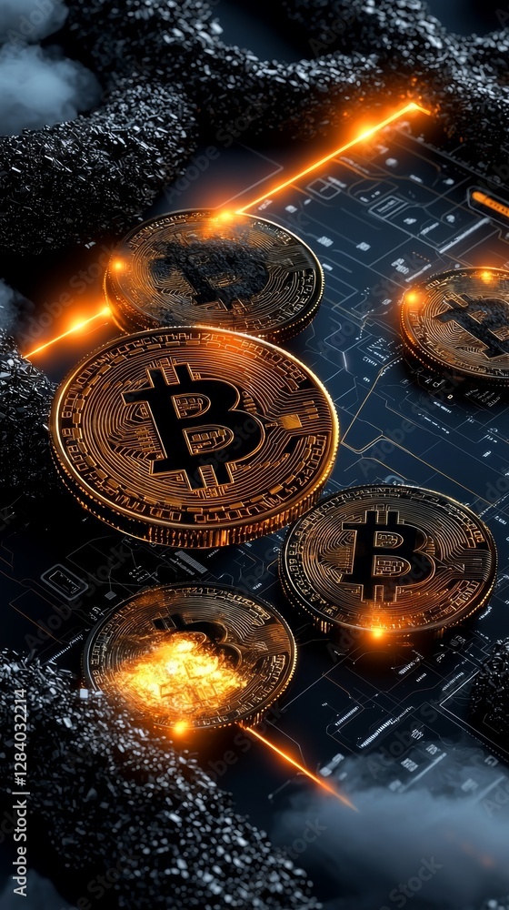 Poster cryptocurrency mining action digital realm graphic design futuristic environment close-up view bitco