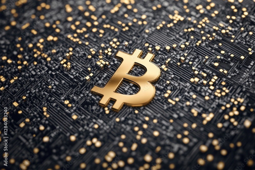 Poster golden bitcoin symbol on futuristic circuit board, representing digital currency and blockchain tech