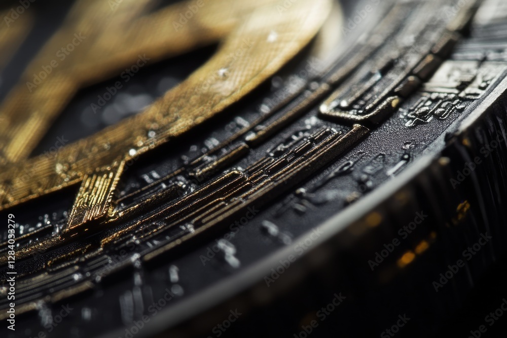 Poster detailed macro shot of bitcoin edge design, emphasizing intricate circuitry and metallic textures wi