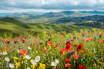 Field of flowers with a blue sky in the background