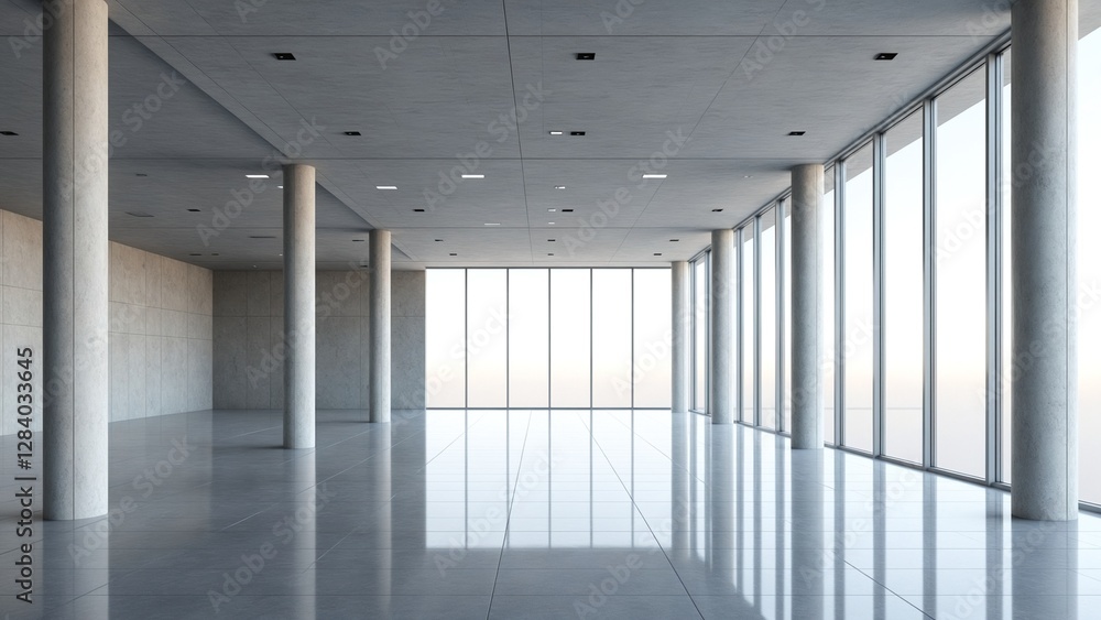 Poster modern huge concrete material empty hall with many columns and big white glowing windows