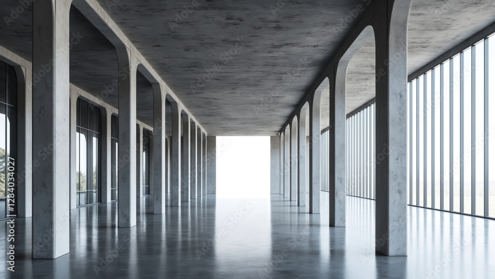 Poster modern huge concrete material empty hall with many columns and big white glowing windows