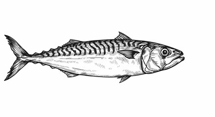 Detailed Black and White Mackerel Fish Illustration: Intricate Line Work, Realistic Texture, Scratch Board Style, Isolated on White